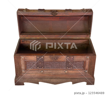 Old wooden treasure chest open showing inside on white background Old wooden treasure chest open showing inside on white background 123546489