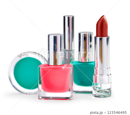 Bright nail polish, lipstick and eyeshadow creating colorful makeup collection Bright nail polish, lipstick and eyeshadow creating colorful makeup collection 123546495