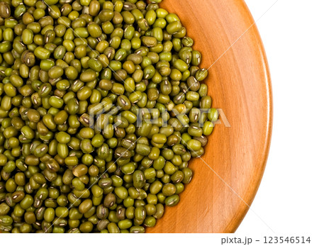Mung beans filling a wooden bowl, creating a healthy and vibrant scene 123546514