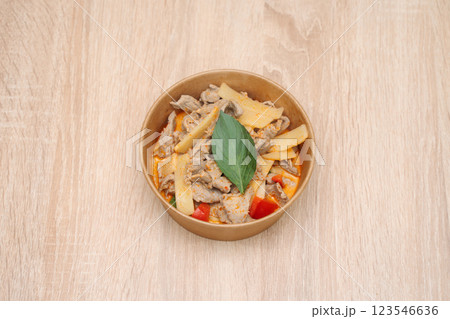 Thai Beef in cardboard takeout container Thai Beef in cardboard takeout container 123546636