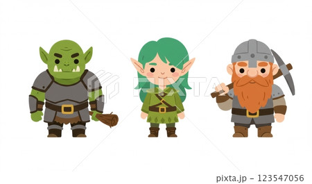 Cute fantasy characters: orc, elf, and dwarf in cartoon style 123547056