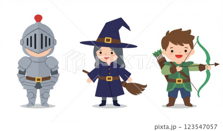 Cute medieval characters: knight, witch, and archer in cartoon style Cute medieval characters: knight, witch, and archer in cartoon style 123547057