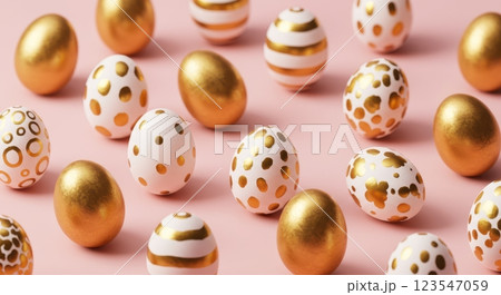 Golden and white decorative eggs on pink background for festive celebrations Golden and white decorative eggs on pink background for festive celebrations 123547059