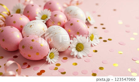 Pastel pink and gold easter eggs with daisies and confetti on soft pink background Pastel pink and gold easter eggs with daisies and confetti on soft pink background 123547060