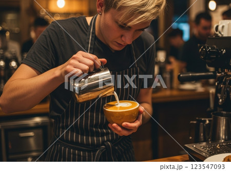 Barista perfecting latte art in cozy cafe ambiance 123547093