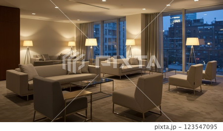 Modern lounge space with urban night view and elegant interior decor 123547095
