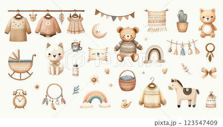 Set of boho baby shower elements in Scandinavian style. Cartoon doodle kids clipart for baby shower invitation card, nursery room decor, poster. Set of boho baby shower elements in Scandinavian style. Cartoon doodle kids clipart for baby shower invitation card, nursery room decor, poster. 123547409