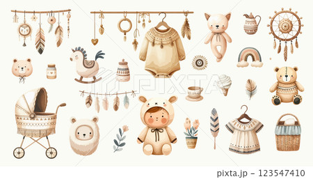 Set of boho baby shower elements in Scandinavian style. Cartoon doodle kids clipart for baby shower invitation card, nursery room decor, poster. 123547410