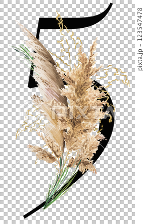 Black number 5 with watercolor biege and golden dried pampas grass, tropical wedding illustration 123547478