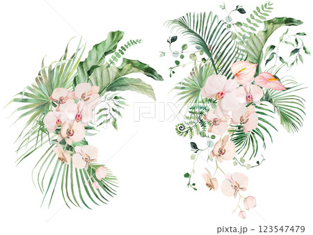 Bouquets with green watercolor tropical leaves and pink flowers with elements, isolated illustration 123547479