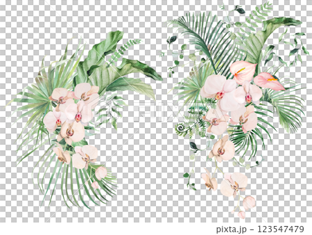 Bouquets with green watercolor tropical leaves and pink flowers with elements, isolated illustration 123547479