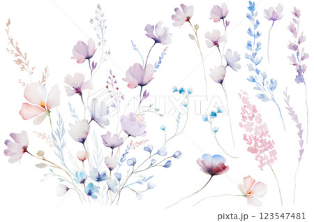 Bouquet made with hand drawn watercolor pastel wild flowers, isolated wedding illustration Bouquet made with hand drawn watercolor pastel wild flowers, isolated wedding illustration 123547481