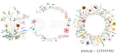 Bouquet and frames made of watercolor bright wild flowers and leaves, wedding isolated illustration Bouquet and frames made of watercolor bright wild flowers and leaves, wedding isolated illustration 123547482
