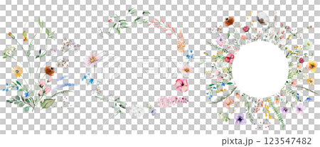 Bouquet and frames made of watercolor bright wild flowers and leaves, wedding isolated illustration Bouquet and frames made of watercolor bright wild flowers and leaves, wedding isolated illustration 123547482