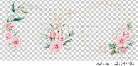 Frame and bouquets with pink watercolor flowers and green leaves, isolated wedding and greeting illustration 123547483