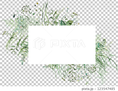 Frame with Watercolor fern twigs with green leaves isolated illustration, botanical wedding 123547485