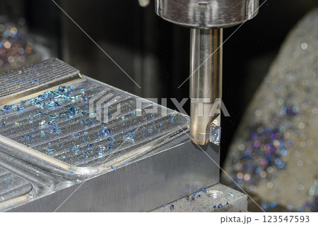 The CNC milling machine rough cutting the injection mold parts by indexable tools. 123547593