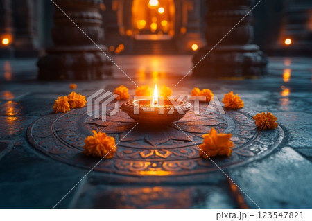 Traditional circular rangoli pattern adorned with marigold flowers during a Hindu festival celebration, showcasing the vibrant beauty of Indian culture and religious traditions Traditional circular rangoli pattern adorned with marigold flowers during a Hindu festival celebration, showcasing the vibrant beauty of Indian culture and religious traditions 123547821