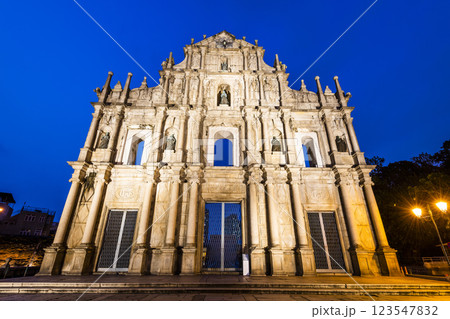 The ruins of St. Paul's Cathedral at Jesus Company Square in Macau, China, is a historic architectural landmark, and a UNESCO World Heritage. 123547832
