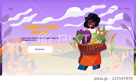 Farmer holding basket of vegetables smiling in a rural landscape with fields and farmhouse purple sky with clouds floral elements website design 123547970
