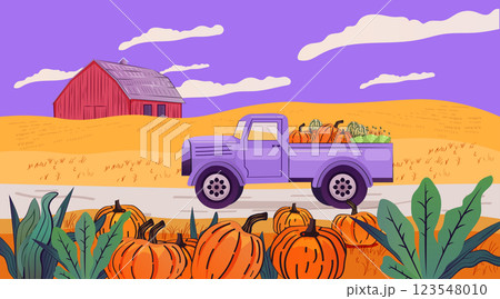 Purple truck carrying pumpkins farm scene autumn harvest orange pumpkins green leaves red barn yellow field purple sky Purple truck carrying pumpkins farm scene autumn harvest orange pumpkins green leaves red barn yellow field purple sky 123548010