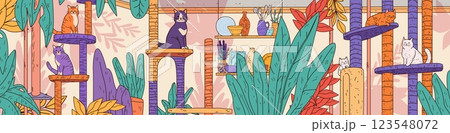 Cats in colorful room with plants cozy home interior with feline play towers various cats perched among lush foliage and pottery shelf art Cats in colorful room with plants cozy home interior with feline play towers various cats perched among lush foliage and pottery shelf art 123548072