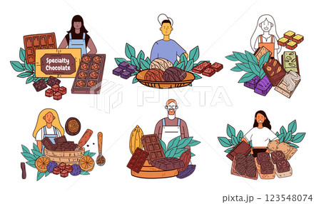 Specialty chocolate variety people holding cacao desserts leaves colorful designs sweets collection Specialty chocolate variety people holding cacao desserts leaves colorful designs sweets collection 123548074