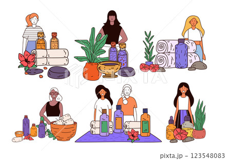 Spa wellness concept people with essential oils plants towels flowers stones colorful design elements relaxation theme 123548083