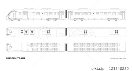 Outline drawing of modern train passenger seat map. Locomotive model top and side view. Rail transport interior scheme. Isolated line express Outline drawing of modern train passenger seat map. Locomotive model top and side view. Rail transport interior scheme. Isolated line express 123548229