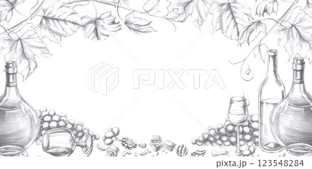 Rectangular frame with wine and cognac glasses and bottles. Isolated pencil illustration on alcohol theme for restaurant interior design, menu, culinary magazines. 123548284