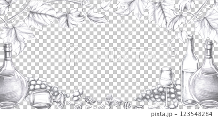 Rectangular frame with wine and cognac glasses and bottles. Isolated pencil illustration on alcohol theme for restaurant interior design, menu, culinary magazines. 123548284