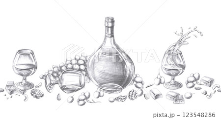 Seamless border with glasses of cognac, bottle and various snacks. Isolated pencil illustration on alcohol theme for restaurant interior design, menu, culinary magazines. Seamless border with glasses of cognac, bottle and various snacks. Isolated pencil illustration on alcohol theme for restaurant interior design, menu, culinary magazines. 123548286
