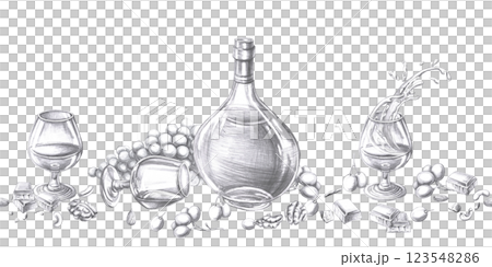 Seamless border with glasses of cognac, bottle and various snacks. Isolated pencil illustration on alcohol theme for restaurant interior design, menu, culinary magazines. Seamless border with glasses of cognac, bottle and various snacks. Isolated pencil illustration on alcohol theme for restaurant interior design, menu, culinary magazines. 123548286