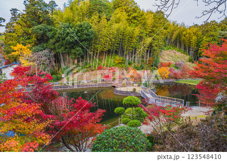 袋井市にある紅葉に彩られた可睡斎の放生池の風景(静岡県) 123548410