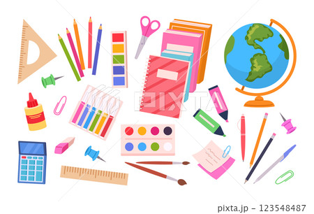 Cartoon school supplies. Stationery and study supplies, ruler, pencil, calculator and globe flat vector illustration set. Back to school symbols Cartoon school supplies. Stationery and study supplies, ruler, pencil, calculator and globe flat vector illustration set. Back to school symbols 123548487
