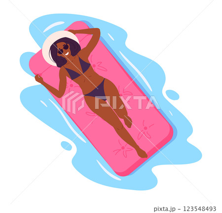 Girl floating on inflatable mattress. Female character swimming on pink inflatable mattress in ocean or swimming pool flat vector illustration. Woman relaxing on rubber mattress 123548493