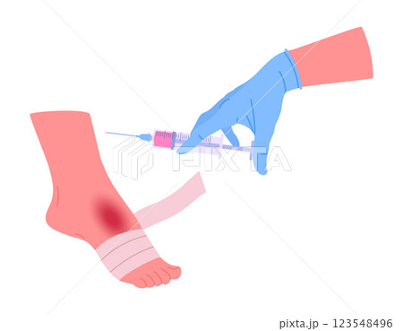 Injured foot medical treatment. Doctor gives injection to injured patient, medical treatment for leg injury flat vector illustration. Cartoon first aid for trauma 123548496