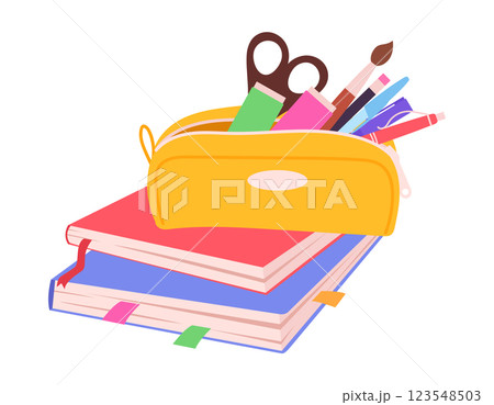 School supplies. Notebooks and textile pencil case with stationery and study supplies flat vector illustration. Cartoon back to school symbols on white School supplies. Notebooks and textile pencil case with stationery and study supplies flat vector illustration. Cartoon back to school symbols on white 123548503