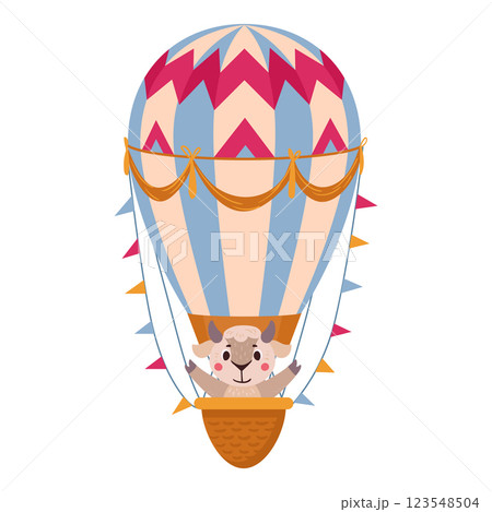 Sheep fly on hot air balloon. Cartoon retro flying hot air balloon with cute animal on board flat vector illustration. Cute sheep character flying on air transport Sheep fly on hot air balloon. Cartoon retro flying hot air balloon with cute animal on board flat vector illustration. Cute sheep character flying on air transport 123548504