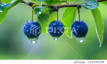 A blue berries hanging on the branch, covered in water droplets. 123548506