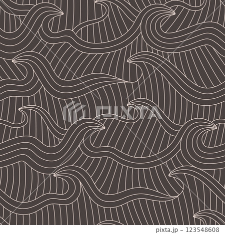 Hand drawn linear river, waves, ocean, sea seamless pattern. Simple line dark water flow background. Hand drawn linear river, waves, ocean, sea seamless pattern. Simple line dark water flow background. 123548608