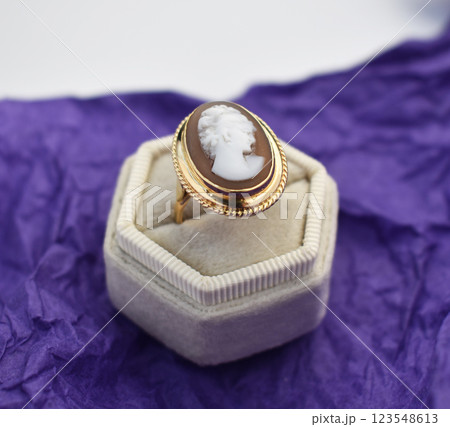 Statement ring for women on a purple background, fine jewelry concept, promotional photo for an online vintage and handmade jewelry store Statement ring for women on a purple background, fine jewelry concept, promotional photo for an online vintage and handmade jewelry store 123548613
