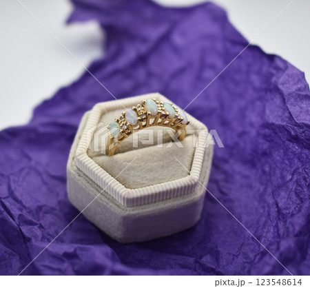 Statement ring for women on a purple background, fine jewelry concept, promotional photo for an online vintage and handmade jewelry store Statement ring for women on a purple background, fine jewelry concept, promotional photo for an online vintage and handmade jewelry store 123548614