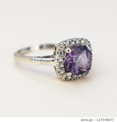 Statement ring for women on a white background, fine jewelry concept,  promotional photo for an online vintage and handmade jewelry store 123548677