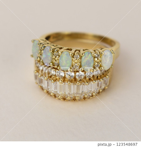 Statement ring for women on a white background, fine jewelry concept,  promotional photo for an online vintage and handmade jewelry store 123548697