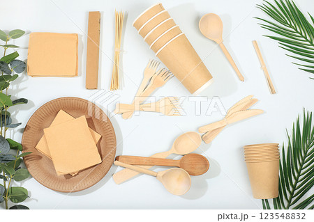 A set of environmentally friendly dishes on a sunny table. Paper cups, plates, kraft paper napkins, barbecue straws, wooden forks, spoons and knives, mockup, healthy lifestyle concept, zero waste. no A set of environmentally friendly dishes on a sunny table. Paper cups, plates, kraft paper napkins, barbecue straws, wooden forks, spoons and knives, mockup, healthy lifestyle concept, zero waste. no 123548832