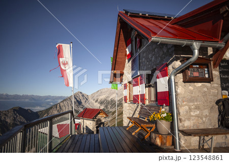 Bettelwurf hut at Karwendel mountains on Karwendel Hohenweg in Austria Bettelwurf hut at Karwendel mountains on Karwendel Hohenweg in Austria 123548861