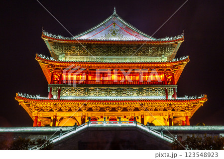 Illuminated Bell Tower temple of Xi'an, night scene, Xian, Shaanxi province, China Illuminated Bell Tower temple of Xi'an, night scene, Xian, Shaanxi province, China 123548923