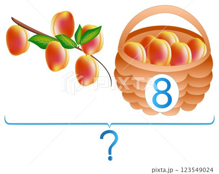 Educational games for children, mathematical addition, example with peaches. 123549024