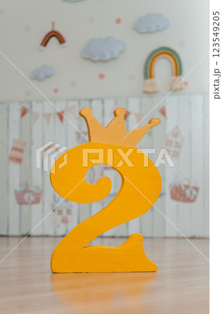 yellow number two on the background of children's stickers. children's photo zone for birthday yellow number two on the background of children's stickers. children's photo zone for birthday 123549205